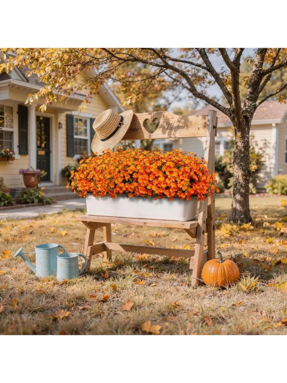 8 Bundles UV Resistant Faux Flowers - Orange Mums for Home Garden & Wedding